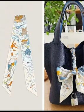 White Kids Bag Ribbon Scarf with Blue & Orange Print